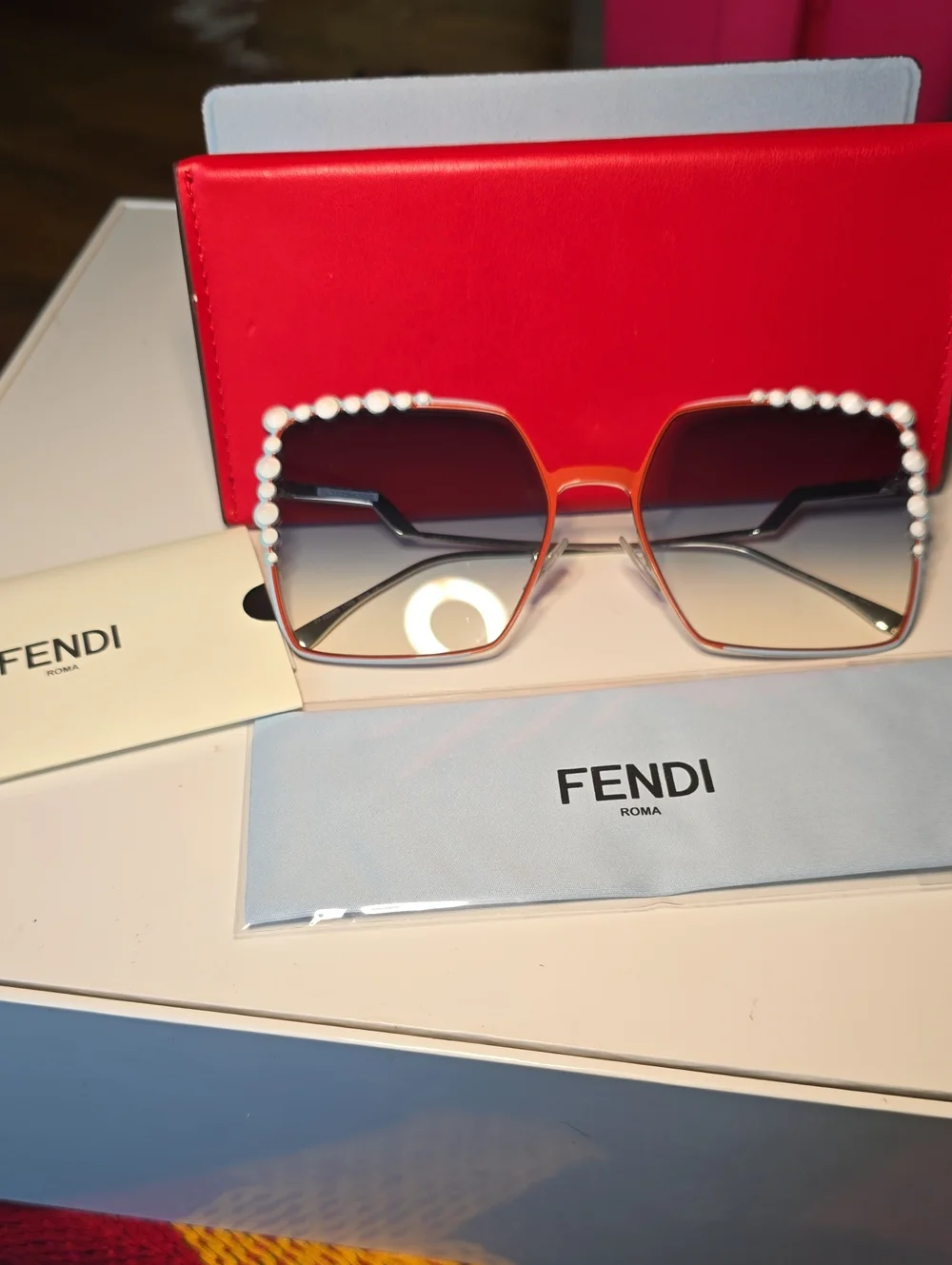 Fendi Red Frame Sunglasses with Pearl Accent